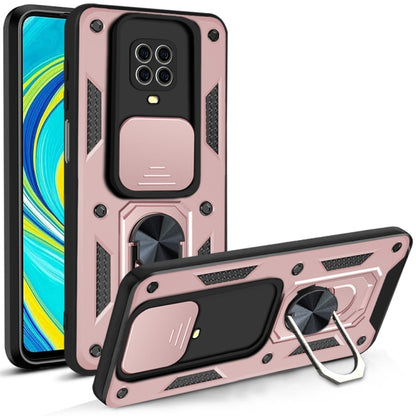 Protective phone case with sliding camera cover and kickstand, rose pink with black accents