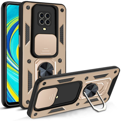 Protective phone case with sliding camera cover and kickstand, beige with black accents