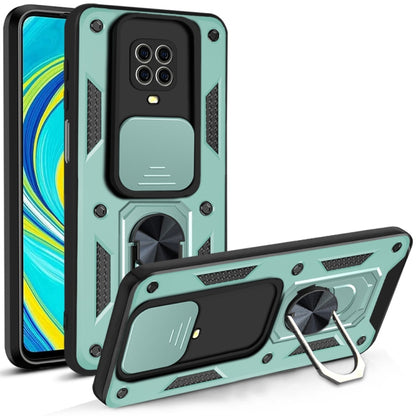 Protective phone case with sliding camera cover and kickstand, teal with black accents