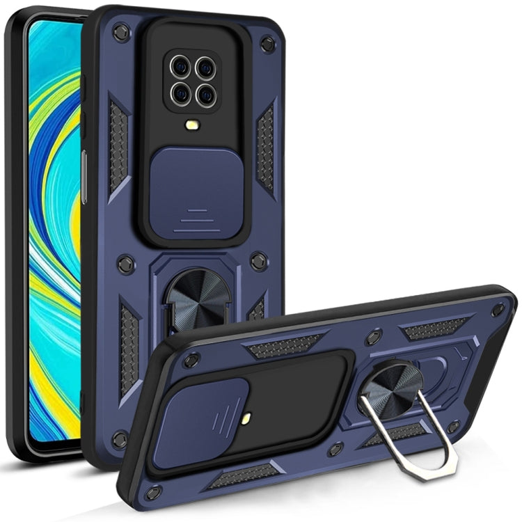 Protective phone case with sliding camera cover and kickstand, dark blue with black accents