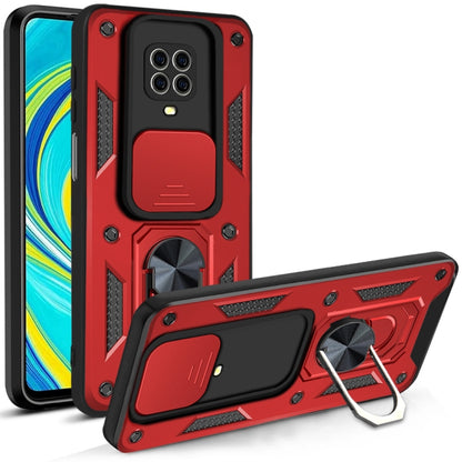 Protective phone case with sliding camera cover and kickstand, red with black accents