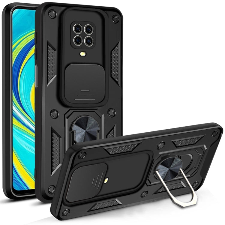 Protective phone case with sliding camera cover and kickstand, black with textured grip panels