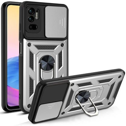 Protective phone case with sliding camera cover and kickstand, silver with black accents