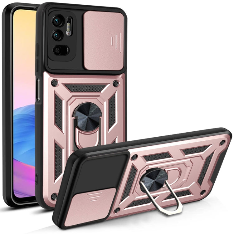 Protective phone case with sliding camera cover and kickstand, blush pink with black accents