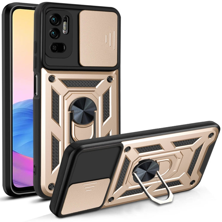 Protective phone case with sliding camera cover and kickstand, gold beige with black accents