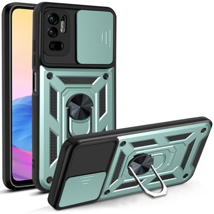 Protective phone case with sliding camera cover, mint green geometric design and kickstand