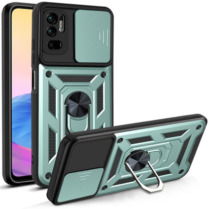 Protective phone case with sliding camera cover, mint green geometric design and kickstand