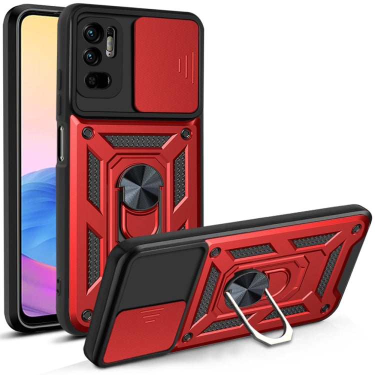 Protective phone case with sliding camera cover, red geometric design and kickstand
