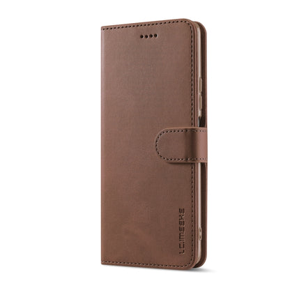 Brown leather flip wallet phone case with front card slot and stitched flap