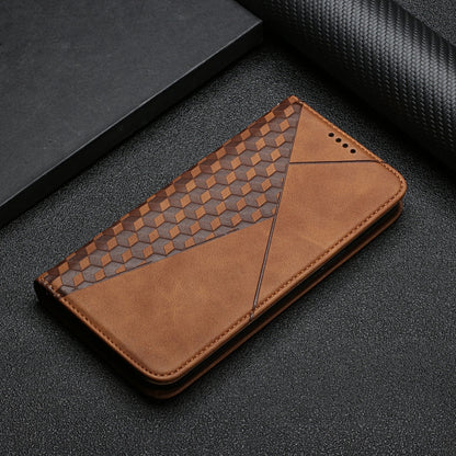 Brown folio-style flip phone case with diamond-pattern splicing detail on front.