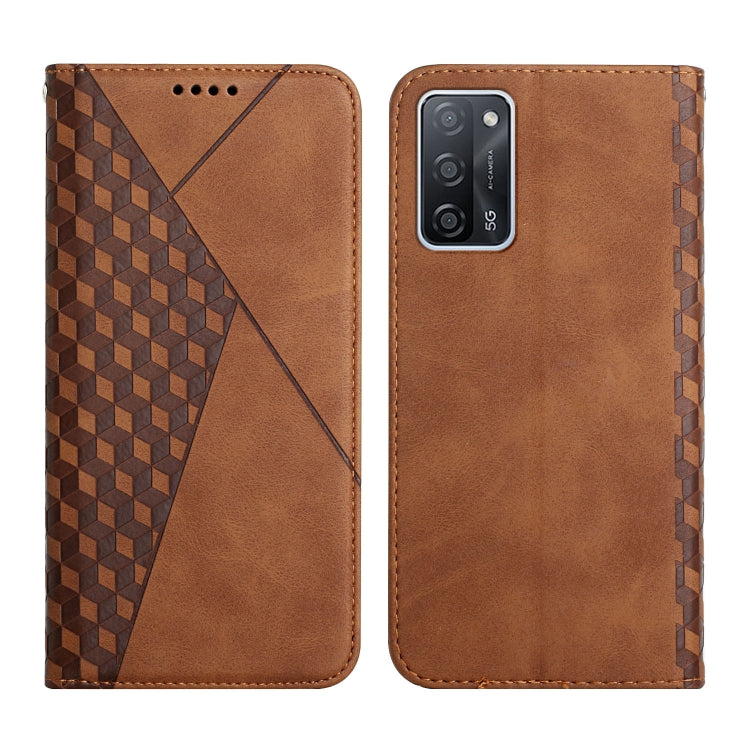 Brown leather flip phone case with diamond-pattern splicing and magnetic closure.