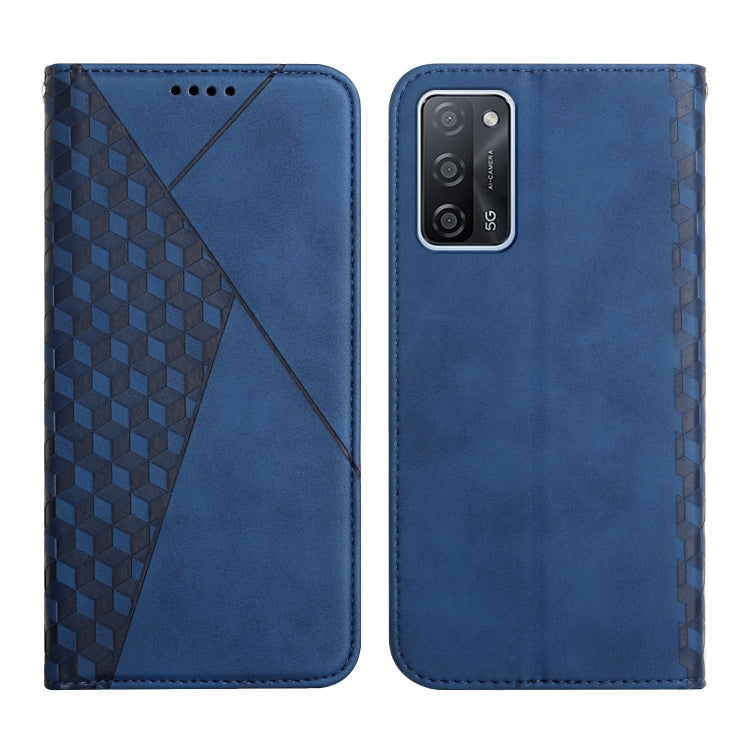 Blue leather flip phone case with diamond-pattern splicing and magnetic closure.