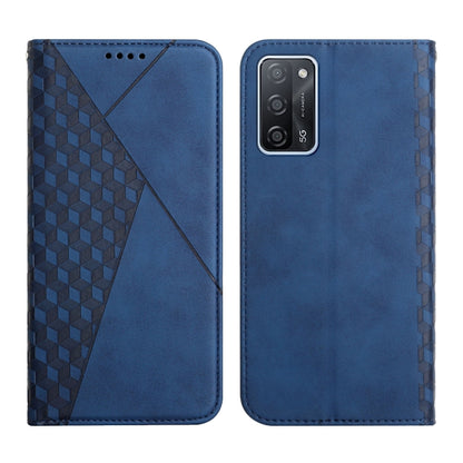 Blue leather flip phone case with diamond-pattern splicing and magnetic closure.