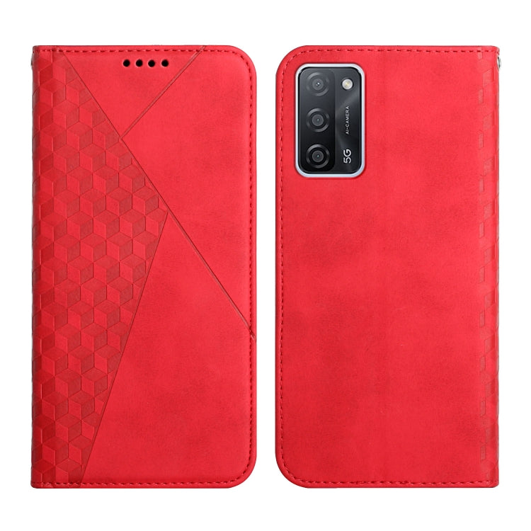 Red leather flip phone case with diamond-pattern splicing and magnetic closure.