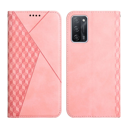 Rose pink leather flip phone case with diamond-pattern splicing and magnetic closure.