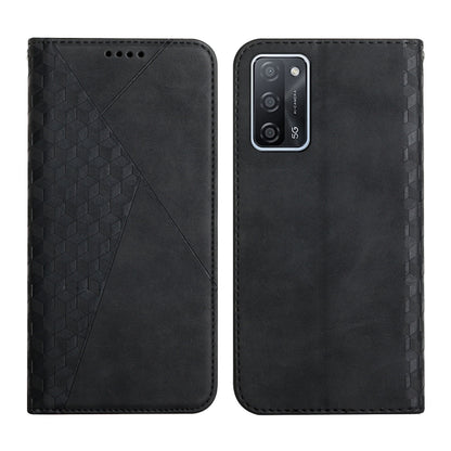 Black diamond-pattern magnetic flip leather phone case with camera cutout