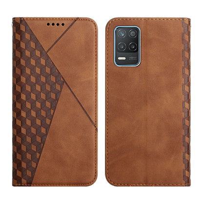 Brown diamond-pattern magnetic flip leather phone case with card slots and camera cutout