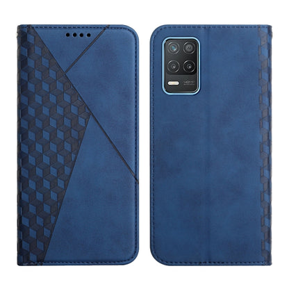 Blue diamond-pattern magnetic flip leather phone case with camera cutout