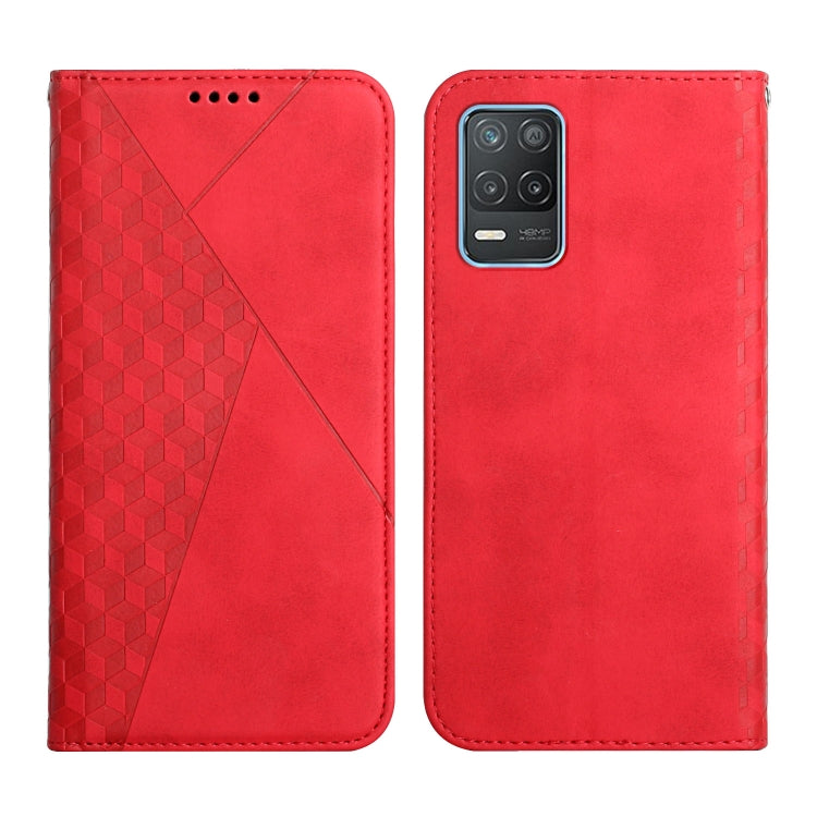 Red diamond-pattern magnetic flip leather phone case with camera cutout
