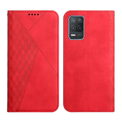 Red diamond-pattern magnetic flip leather phone case with camera cutout