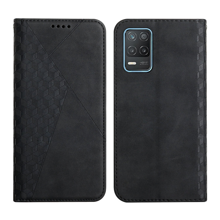 Black diamond-pattern magnetic flip leather phone case with camera cutout