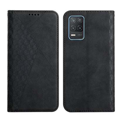 Black diamond-pattern magnetic flip leather phone case with camera cutout
