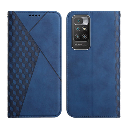 Blue diamond-pattern magnetic flip leather phone case with camera cutout
