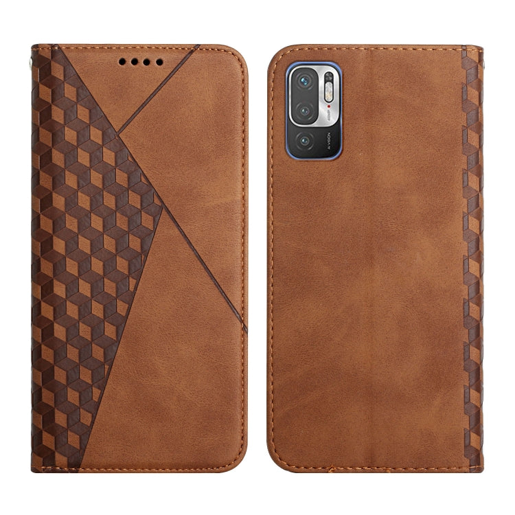 Brown leather wallet flip phone case with diamond pattern panel and camera cutout