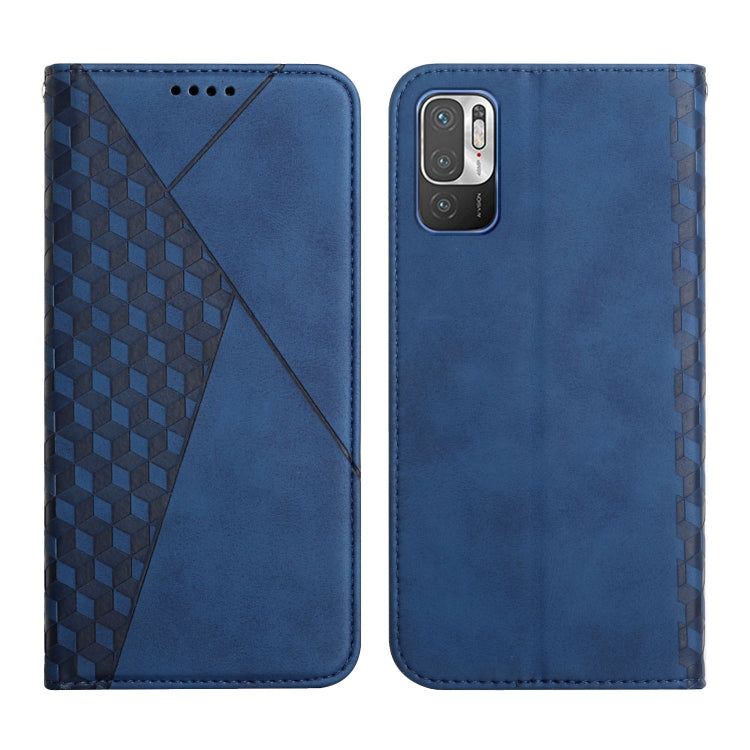 Blue leather wallet flip phone case with diamond pattern panel and multi-camera cutout