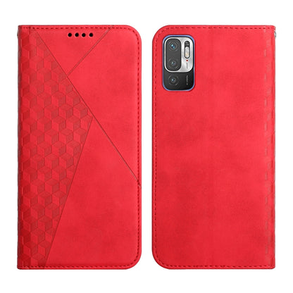 Red leather wallet flip phone case with diamond pattern panel and camera cutout