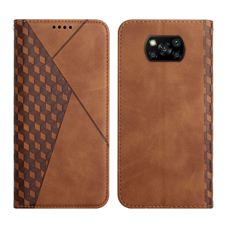 Brown leather wallet flip phone case with diamond pattern panel and triple-camera cutout