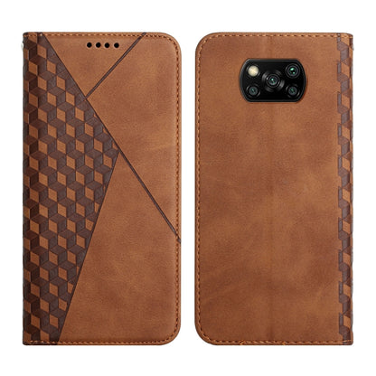 Brown leather wallet flip phone case with diamond pattern panel and triple-camera cutout