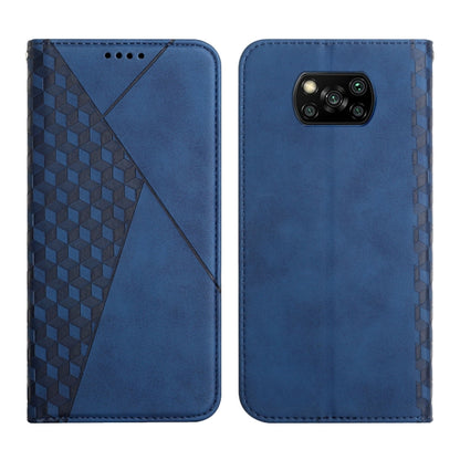 Blue leather wallet flip phone case with diamond pattern panel and triple-camera cutout