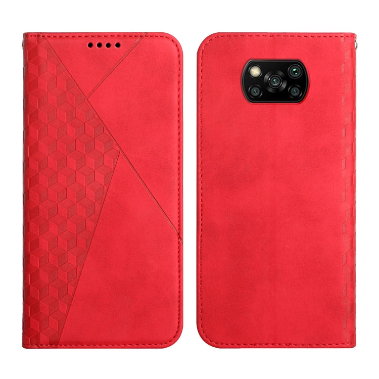 Red leather wallet flip phone case with diamond pattern panel and triple-camera cutout