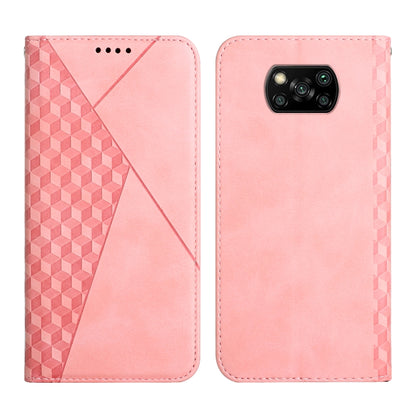 Rose pink leather wallet flip phone case with diamond pattern panel and triple-camera cutout