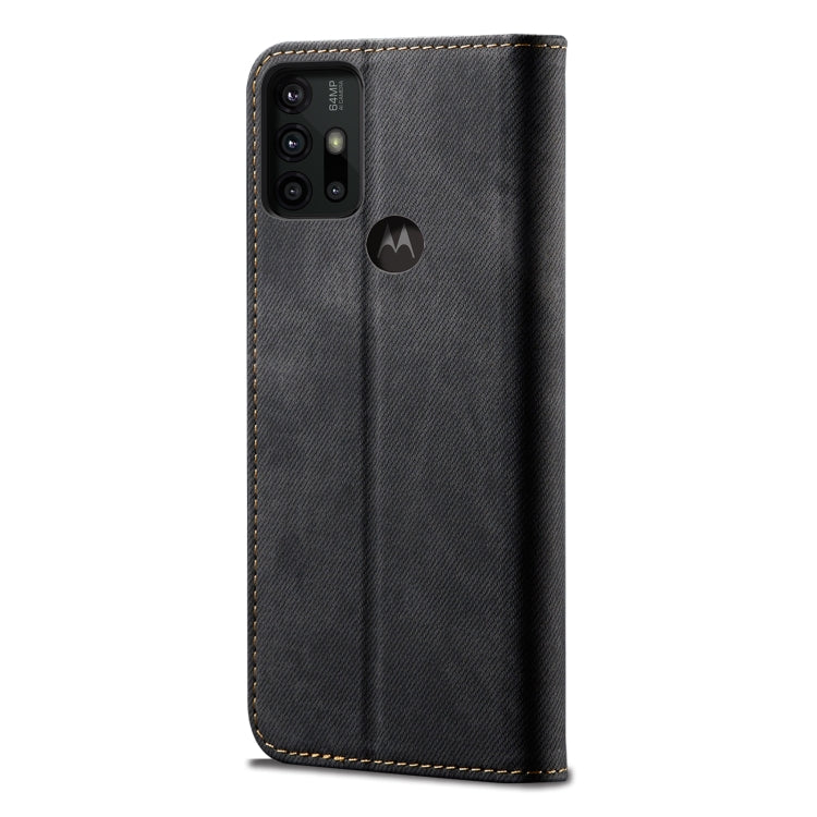 Black denim-texture phone wallet case back with camera cutouts and gold stitching trim