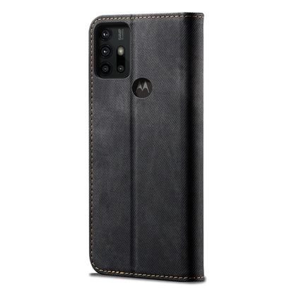 Black denim-texture phone wallet case back with camera cutouts and gold stitching trim