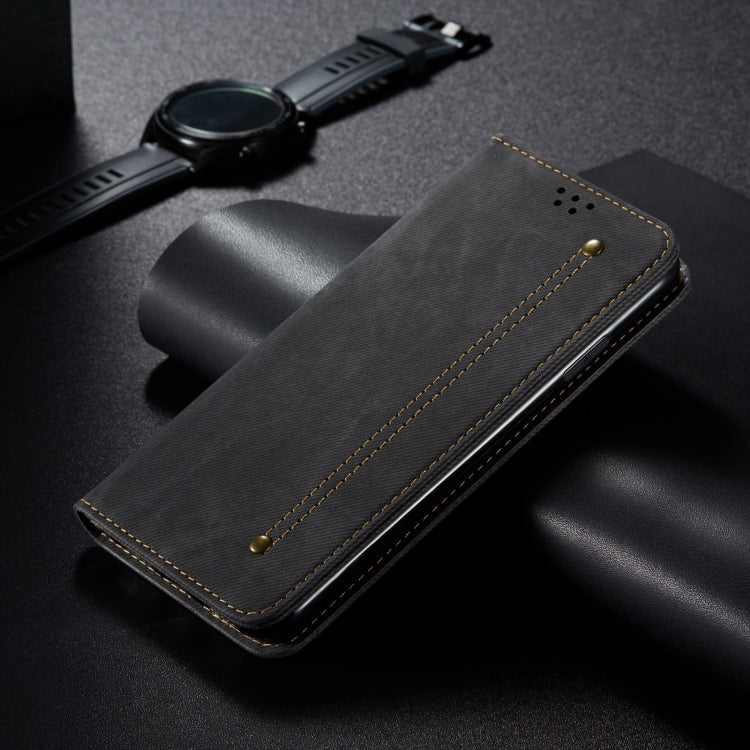 Denim-texture flip wallet case in dark color with stitched center and gold stud