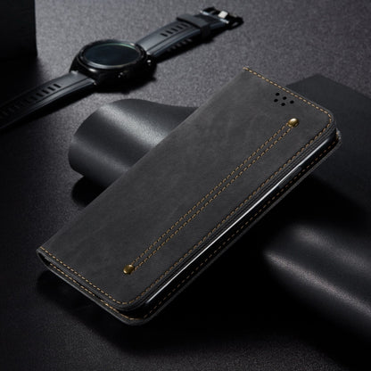 Denim-texture flip wallet case in dark color with stitched center and gold stud