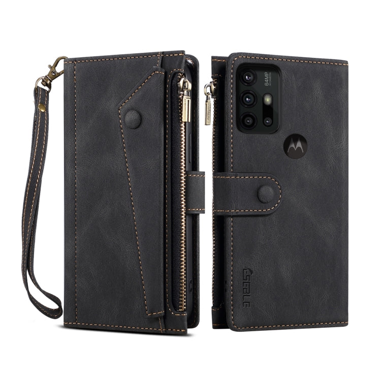 Black horizontal flip leather phone case with zipper, card holder flap, and camera cutouts
