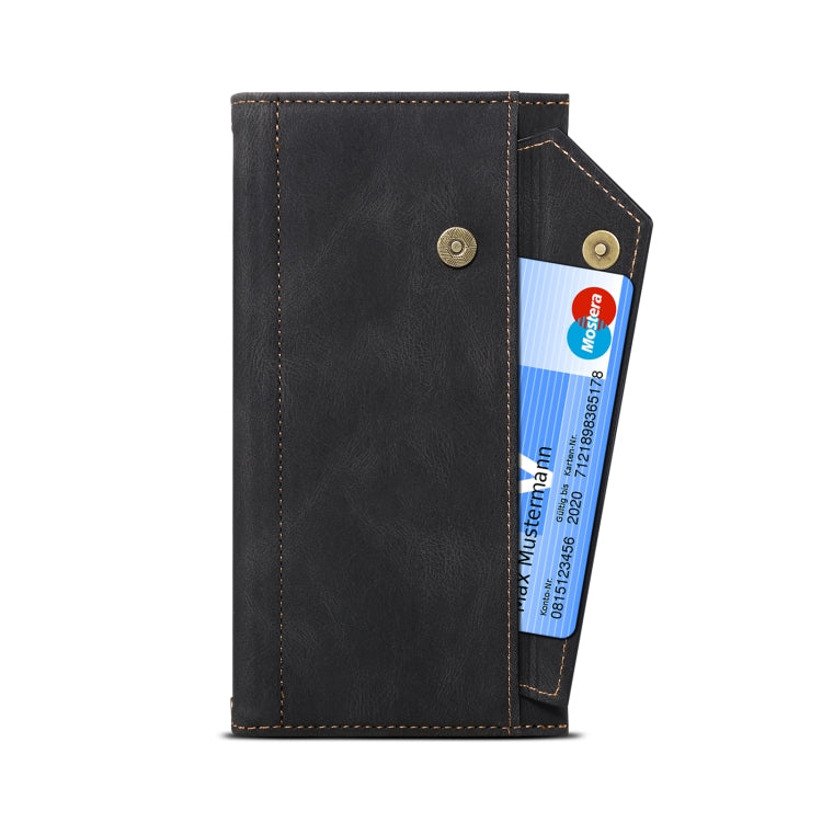 Black flip leather phone wallet case with card slot and snap button closure