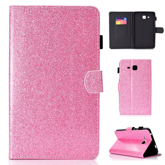 Pink glitter tablet flip case with card slot, magnetic clasp, and stand