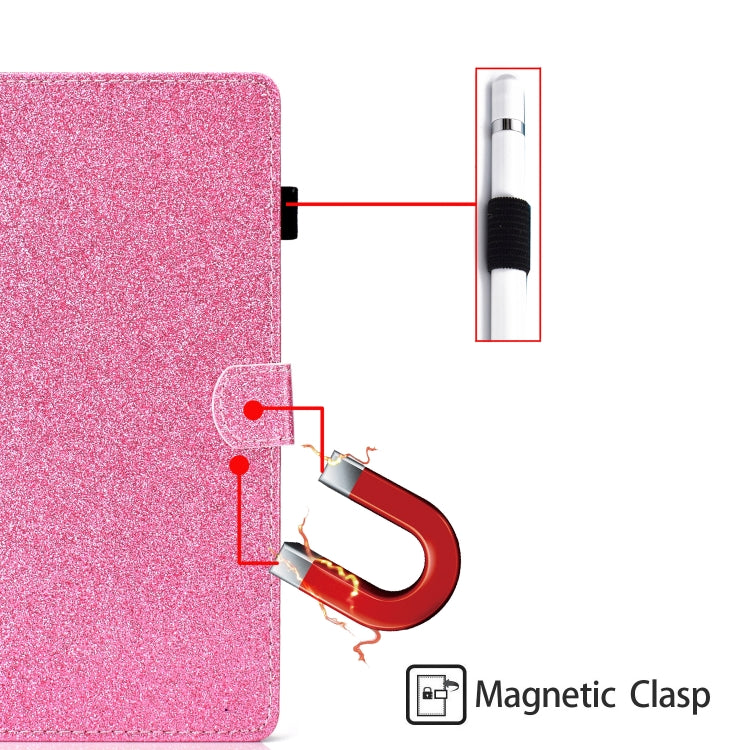 Pink glitter tablet case showing magnetic clasp and metal strap details