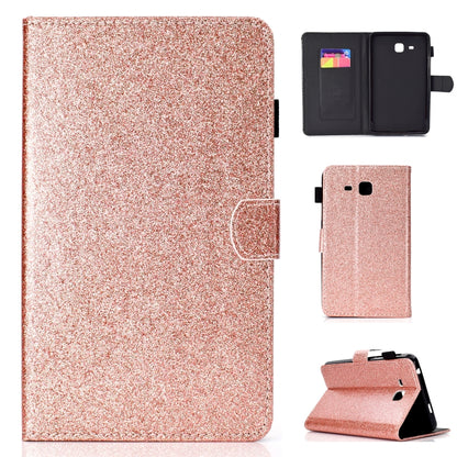 Rose gold glitter flip leather tablet case with card slot, shown closed and side view