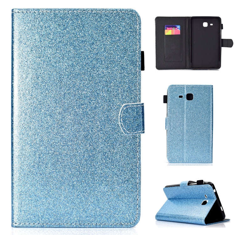 Glitter horizontal flip tablet case, light blue, shown with open front and stand