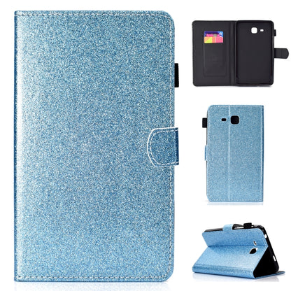 Glitter horizontal flip tablet case, light blue, shown with open front and stand