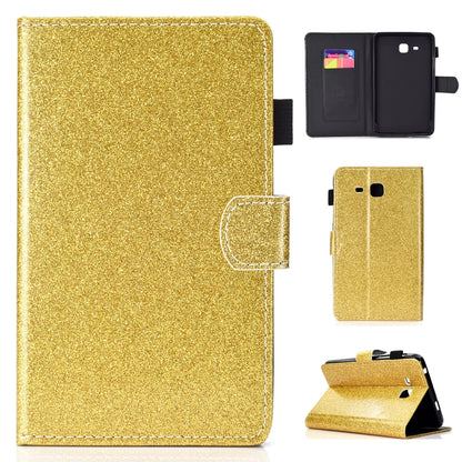 Gold glitter flip tablet case with card slot, stand, and back cover pocket.