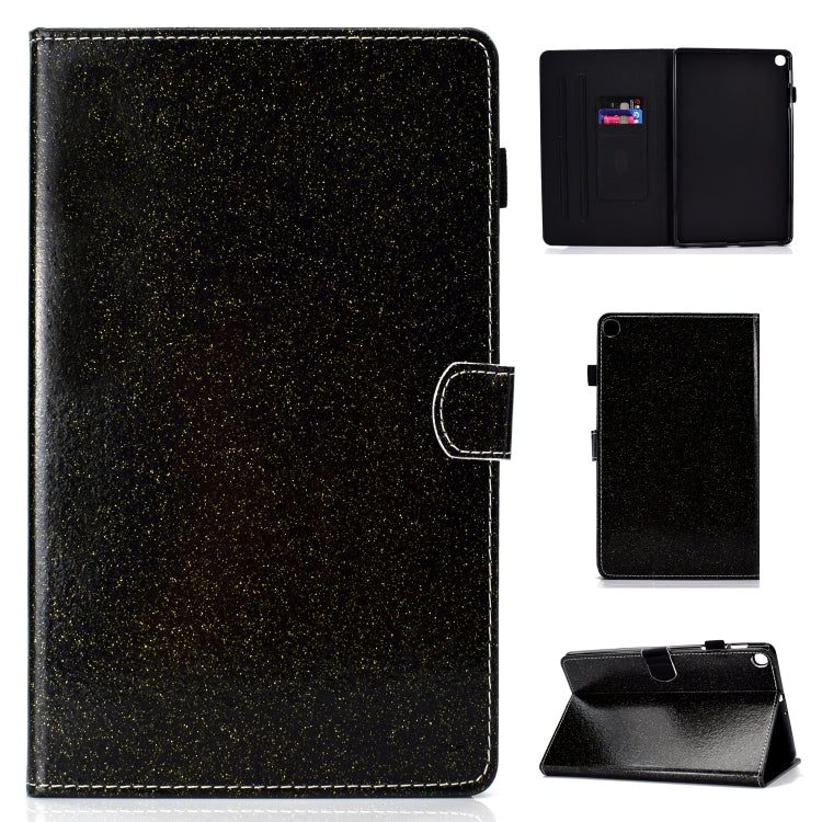 Black glitter horizontal flip leather tablet case with stand and card slot, open flip shown