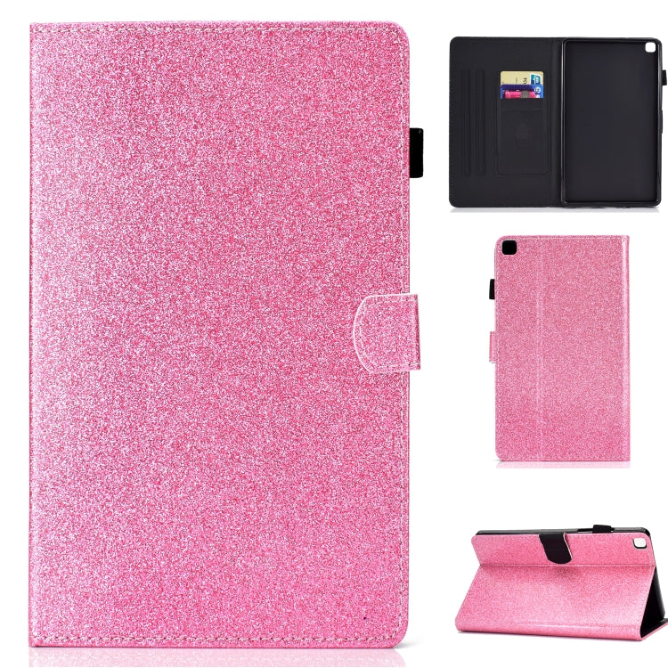 Pink glitter tablet flip case with card pocket, magnetic clasp, and stand