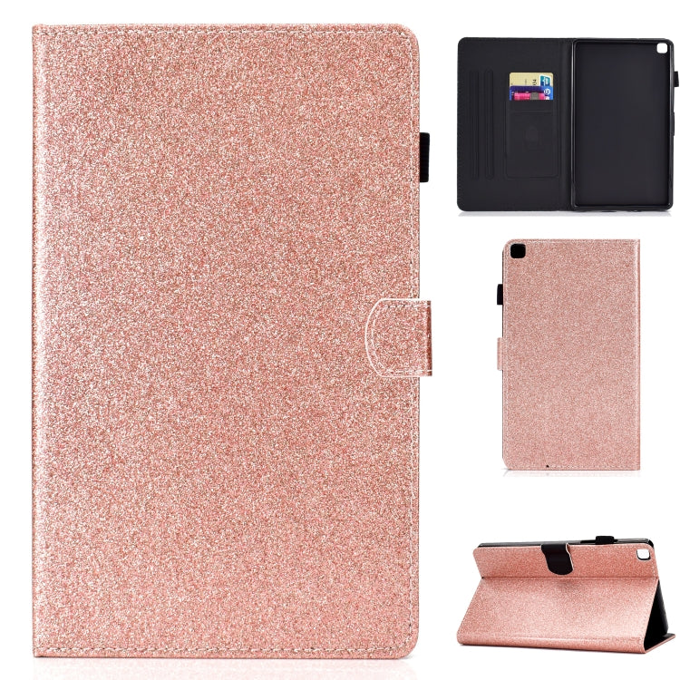 Rose gold glitter flip leather tablet case with card slot, front view and accessory angles